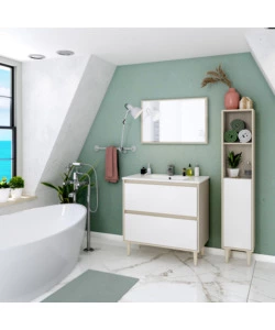 MOBILE BAGNO "VERONA" IN TRUCIOLARE MELAMINICO CON SPECCHIO COLORE BIANCO E ROVERE, 80X45X150 CM